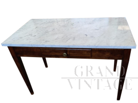 Walnut table with drawer and marble top