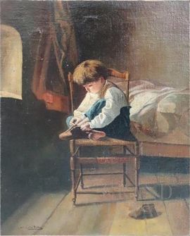 Silvio Rotta - painting depicting a child tying a shoe, 19th century