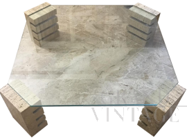 Travertine and Glass Coffee Table - 1970s - Silvana Bertoldi for Citterio Meda