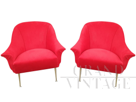 Pair of 50s / 60s armchairs in red velvet