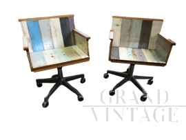 Vintage chairs with wheels, in patchwork wood