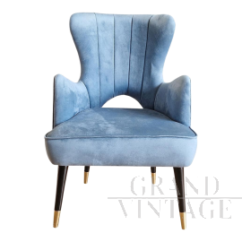 Art deco style armchair in light blue velvet