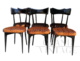 Set of six Ico Parisi chairs in black stained wood with padded seat, Italy 1950s