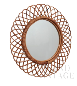 Round mirror in woven rattan, Italian mid-century design from the 1960s