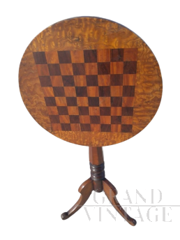 Antique round snap top table with inlaid chessboard, 19th century