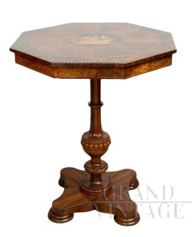 Antique Empire side table in walnut briar with drawer and inlay on the top