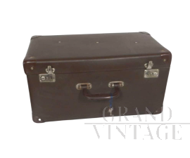 Vintage cardboard and brown imitation leather trunk suitcase, 1980          