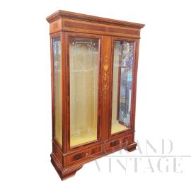 Antique style bookcase display cabinet inlaid and with silk-screened glasses 