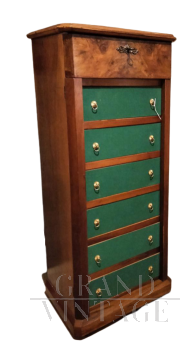 Archivio schedario vintage a cassettini in legno e panno verde