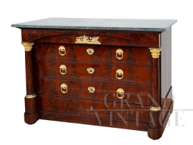 Antique French Empire chest of drawers in mahogany feather with gray marble top