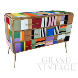 Design dresser with six drawers covered in multicolored glass