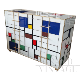 Comò in vetro di Murano multicolore stile Mondrian con 4 cassetti                            