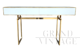 White glass and brass console with two drawers