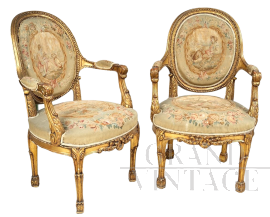 Pair of antique armchairs in gilded wood with Aubusson fabric