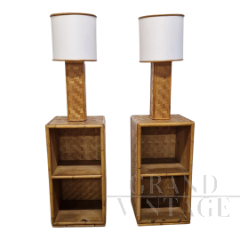 Coppia di comodini in bamboo e rattan con lampade incorporate                            