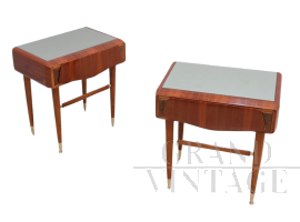 Pair of vintage teak and briar bedside tables with glass top, Italy 1950s