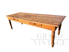 Large antique farmhouse table in cherry wood with inlays, Italy 19th century