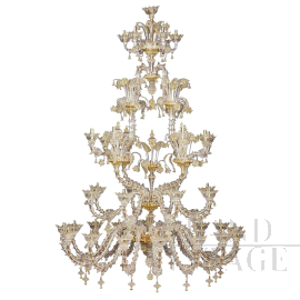 Large Rezzonico chandelier in crystal and gold Murano glass with 42 lights