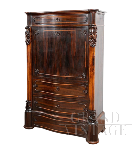 Antique Louis Philippe secretaire in fine exotic wood with maple interior