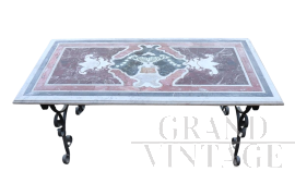 Iron garden table with marble top with mosaic decoration