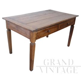 Antique rustic table in poplar wood from the 19th century with two drawers    