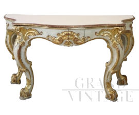 Antique style console table in lacquered and gilded wood, first half of the 20th century