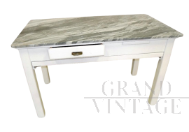 1950s kitchen table with marble top, cutting boards, rolling pin and drawer