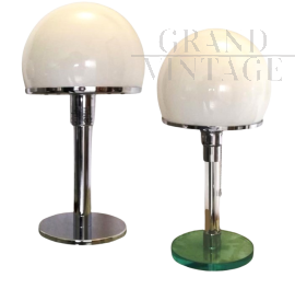Coppia di lampade da tavolo stile Bauhaus in metallo e vetro, anni '90                            