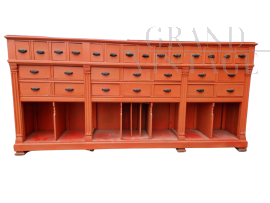 Grande bancone cassettiera industriale vintage arancione                            