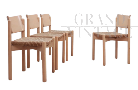 Set di 4 sedie da pranzo vintage rustiche con seduta di paglia, anni '70   