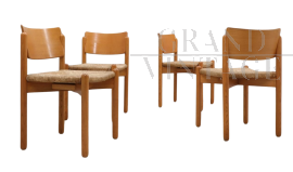 Set di 4 sedie da pranzo vintage in legno con seduta in paglia, anni '70                            