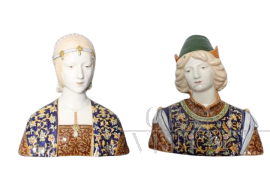 Coppia di sculture in maiolica di Minghetti con busti di personaggi rinascimentali                            