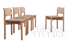 Set di 4 sedie da pranzo vintage rustiche con seduta di paglia, anni '70   
