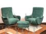 Pair of green Lady armchairs with ottoman, attr. Zanuso                            