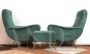 Pair of green Lady armchairs with ottoman, attr. Zanuso