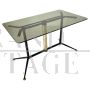 Vintage steel and brass coffee table with smoked glass top