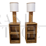 Pair of bamboo and rattan bedside tables with built-in lamps