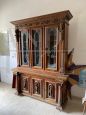 Living room set with buffet & hutch cupboard and a sideboard, all carved with statues