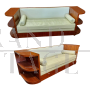 Art deco sofa in wood and white eco-leather with open shelves    