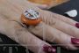 White gold ring with Sardinian coral button and diamonds