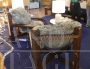 Pair of design armchairs in wood and rope with faux fur cushions