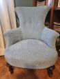 Antique granny bedroom armchair in light blue velvet