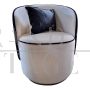 Tub armchair in white velvet and blue and light blue dyed ponyskin