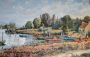 River landscape with boats - oil painting on plywood, France 1950s