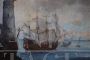 Antique painting of a coastal scene with galleons, 18th century