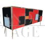 Backlit sideboard with four doors in red and black glass