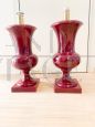 Pair of burgundy ceramic candlestick table lamps, 1970s