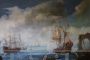 Antique painting of a coastal scene with galleons, 18th century