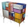 Sideboard in colored glass with illuminated mirror interior