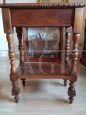 Antique inlaid coffee table with light blue velvet top